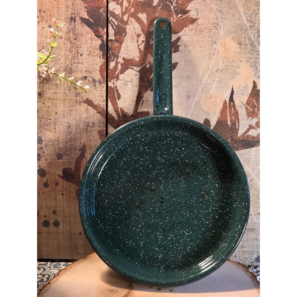Vintage Jacaman Gift‎ Co Blue Speckled Enamel Teapot and Green Enamel Frying Pan